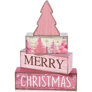 4 Pcs Christmas Table Decoration Wooden Pink Christmas Tree Centerpieces Decor Winter Tiered Tray Decor Rustic Decorative Tree Block Signs Gift Farmhouse Xmas Decoration for Home Kitchen