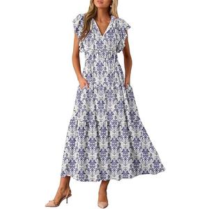 BLENCOT Womens Maxi Summer Casual Dresses Cap Short Sleeve V Neck Beach Flowy Fashion Boho Floral Printed Tie Dresses with Pockets P520 M