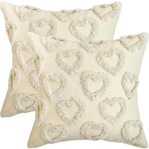 AVOIN colorlife Valentine's Day Love Heart Beige Throw Pillow Covers, 18 x 18 Inch Anniversary Wedding Home Decor Present Couple Valentine Gift Cushion Case for Sofa Couch Set of 2
