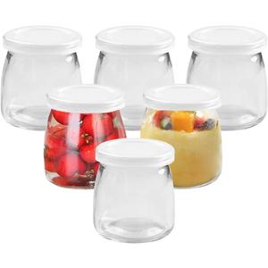 6 Pack 7oz Glass Yogurt Jars with Lids, Reusable Food Grade Glass Containers for Yogurt, Pudding, Jams, Jelly, Desserts, Wedding Party Favors