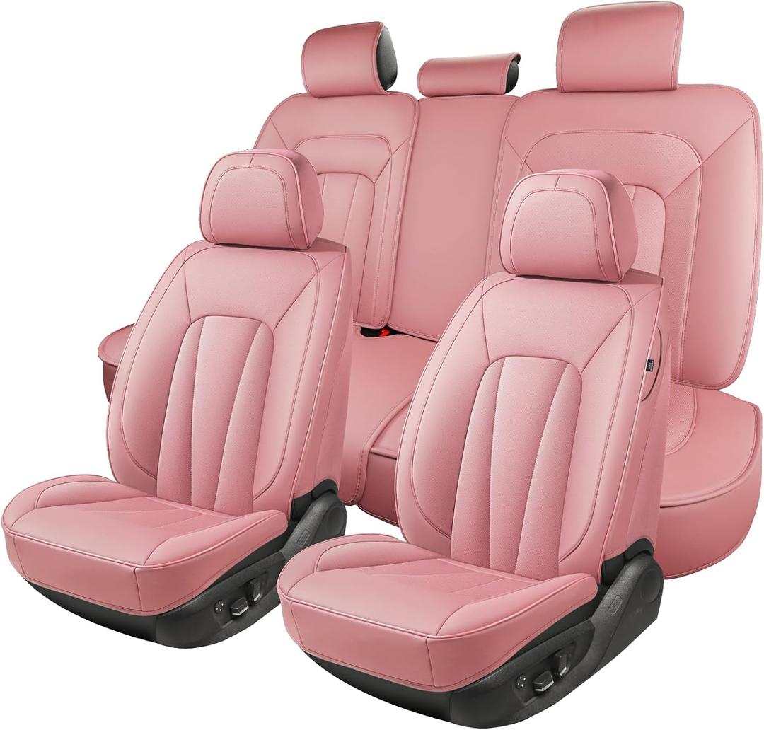 CarLuxor Pink Car Seat Covers,5 Seats Universal Seat Covers for Cars,Luxury Leather Comfortable Automotive Car Seat Protector Universal Fit for Most Cars SUV Sedans (Full Set)