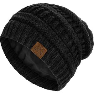 Beanies Women Satin Lined Beanie Winter Hats for Women Silk Lined Slouchy Beanie for Winter Warm Knit Cuffed Beanie Hat (One Size, Black) 