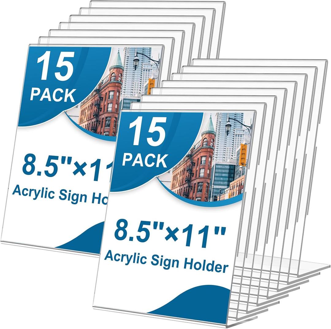 15 Pack Acrylic Sign Holder 8.5 x 11, L-Shape Clear Plastic Display Stand for Tabletop, Acrylic Stands for Flyers, Table Paper Holder, Vertical Sign Holder 8.5x11 for Restaurants, Office and School (Slant 15 Pack 8.5x11)