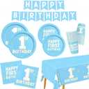 1st Birthday Decorations Boy - Baby Blue Party Supplies Kit for 25 Guests | Includes Plates, Napkins, Cups, Banner & Tablecloth | First Birthday Decorations for Boy