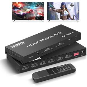 4x2 HDMI Matrix, 4K@60Hz 4 in 2 Out HDMI Switch Splitter with IR Remote, HDMI Matrix Switch + Optical + 3.5mm Audio Output, Support HDMI2.0, HDCP2.2, Auto Downscaler, 3D, Audio Extractor