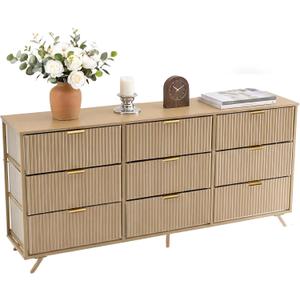 Fabric Fluted Dresser for Bedroom, Chest of 9 Fabric Drawer with Metal Frame & Spacious Wooden Top, Dresser Storage Tower for Closet, Hallway, Living Room, Natural Oak 57"D x 28.94"W x 11.8"H