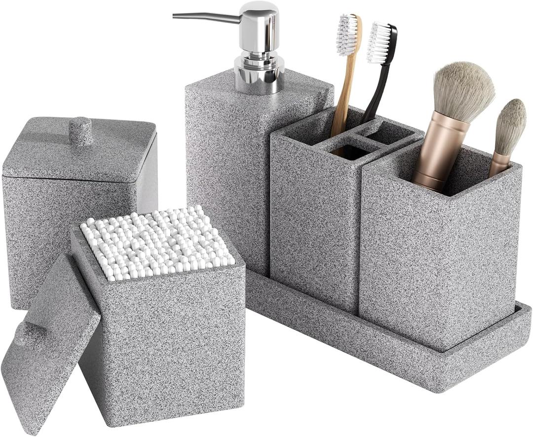 Gray Bathroom Accessories Set Resin 6PCS, Square Toothbrush Holders Set Complete with Soap Dispenser, Vanity Tray, Tumbler, Cups and Cotton Swab Jars for Counter, Sink or Small Spaces