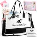TRSODD Birthday Gifts for Women Initial Canvas Tote Bag with Adjustable Shoulder Strap and Makeup Bag Gifts for Mom Wife Grandma Daughter Sister (30th)