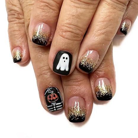 Short Halloween Press On French Tip Square Shape Glitter Nails - 24Pcs with Ghosts Skulls Designs, Nude False Acrylic Full Cover Glue on Black Stick on Nails for Women & Girls, 5 Pack