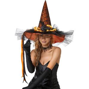 Halloween Women Witch Hat with LED Lights Costume Gauze Feathers Spiders Decoration for Festival Carnival Party (Orange)