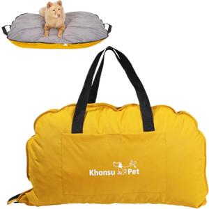 Portable Waterproof Dog Mat for Camping, Patio & Travel - Foldable Outdoor Dog Bed with Teflon Shell & Removable Plush Pad - Easy Clean, Durable - M (Lemon Yellow)