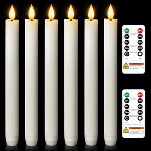 Homemory 6 Pcs Wax Flameless Taper Candles with Remote Timer and Dimmer, White Candle Sticks Battery Operated, LED Window Candles with Flickering Light, 9.6 Inches for Wedding Home Indoor Decoration