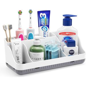 Bathroom Counter Organizer and Storage, 7 Slots Detachable Toothbrush Holders for Bathrooms, Anti-Slip Electric Toothbrush and Toothpaste Holder Countertop Vanity Organizer Accessories for Adults Kids (White Grey)