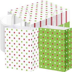 SilTriangle 100 Pieces Christmas Gift Bags with Handle Xmas Green Polka Dots Treat Candy Goodie Bags for Christmas Party Favor Supplies Decoration