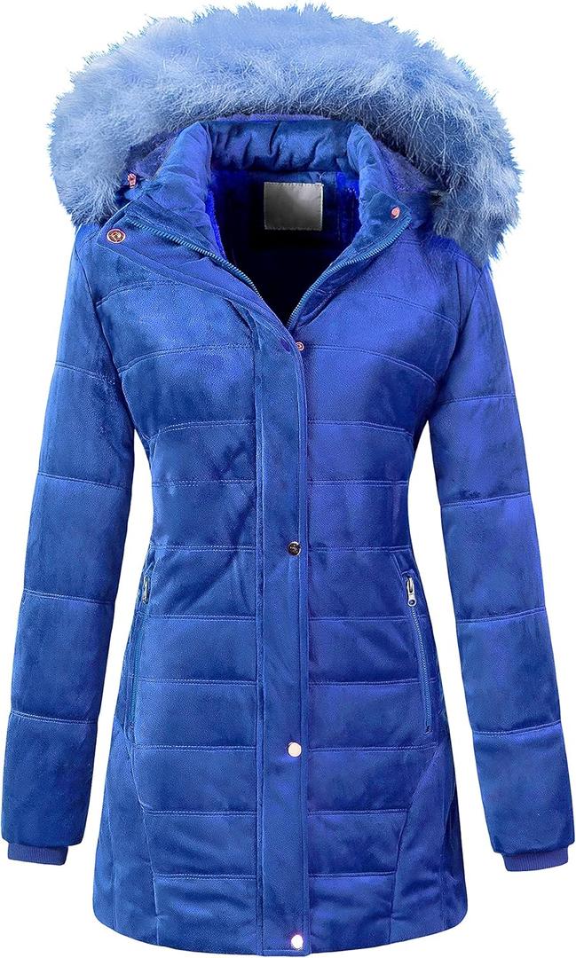 Chrisuno Women's Warm Winter Coat Velvet Puffer Jacket Quilted Faux Fur Hood (Blue)