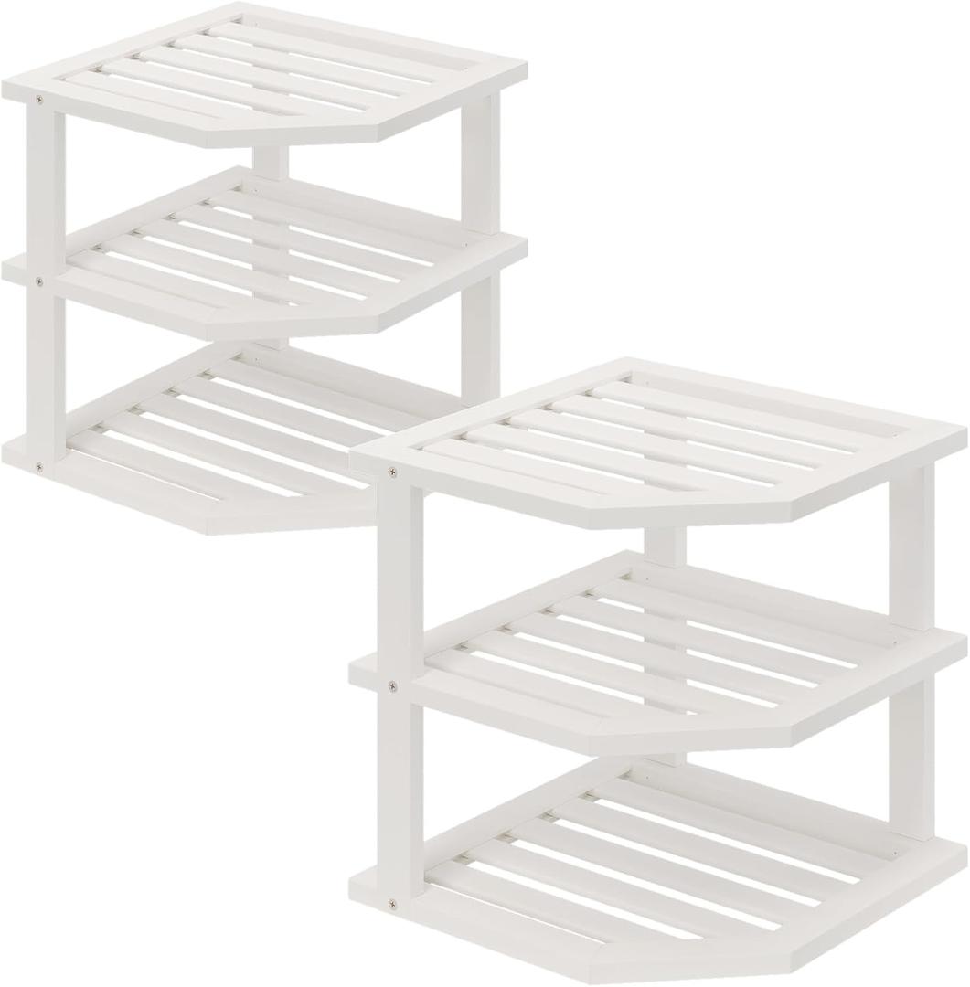 VERTORGAN 3 Tier Bamboo Corner Shelf(2 Pack),Dish Drying Rack,Plate Organizer,Kitchen Spice Rack for Countertop and Cabinet(White)
