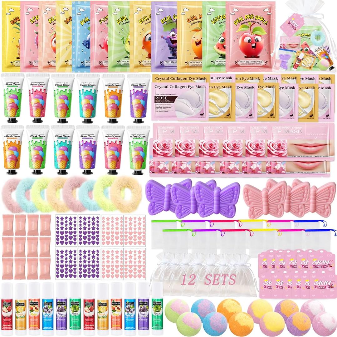 156 PCS Spa Party Supplies for Women Spa Party Favors Include Face Masks Lip Balm Soap Under Eye Patches Hand Cream Foot Bath Bombs SPA Party Favors for Spa Birthday Sleepover Party Supplies