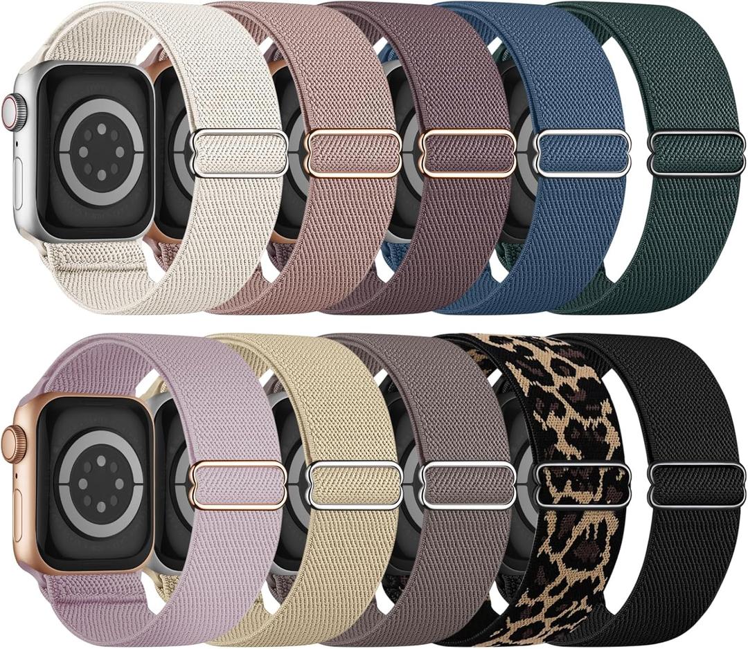 10 Pack Stretchy Bands Compatible with Apple Watch Band 42MM(Series 3)/44MM/45MM/46MM/49MM Women Men, Water-Resistant Solo Loop Elastic Sport Straps for iWatch Series 11 10 9 8 7 6 5 4 3 SE Ultra (Black/Smoke Violet/Leopard/Beige/Pink/Clay/Starlight/Lavender/Blue/Deep Green)
