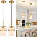 Modern Brass Pendant Lights Kitchen Island Light, Adjustable Hanging Light Fixture with Milk Glass Shade, Farmhouse Pendant Light for Dining Room Bar Over Sink/Table/Counter, 2 Pack