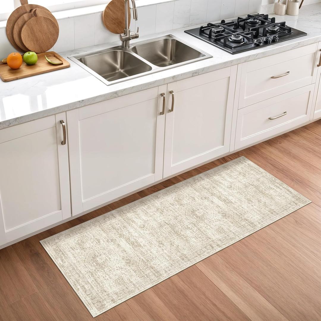 2x5 Rug Runner Washable for Entryway, Soft Bathroom Rugs with Non-Slop Backing, Abstract Low Pile Hallway Runner, Vintage Small Kitchen Carpet for Stair, Laundry Room(2'x5', Beige/Ivory)