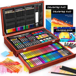 Caliart Art Supplies, 153-Pack Deluxe Art Set in Wooden Case, Crafts Drawing Painting Kits with 2 A4 Sketch Pads, Coloring Book, Birthday Gifts for Teens Girls Boys Kids Adults Artists (Cherry)