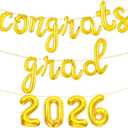 2 x Gold Congrats Grad 2026 Balloons, 16 Inch Congrats Grad Balloon 2026 Graduation Balloons for College High School Preschool Graduation Decorations 2026