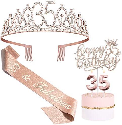Bella Meri 35th Birthday Gifts for Women, 35th Birthday Tiara Crown, Sash, Cake Toppers,Birthday Candles, 35 Birthday Decorations Women