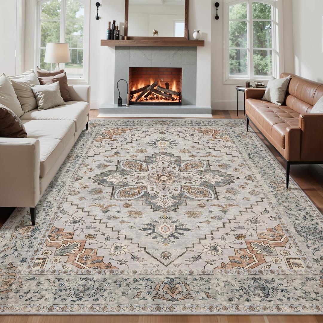 Tangsoo 8x10 Area Rug for Living Room, Washable Vintage Rugs Indoor Non Slip Large Area Rugs, Print Distressed Grey Carpet, Soft Low Pile Foldable Floor for Bedroom Dining Room Dorm, 