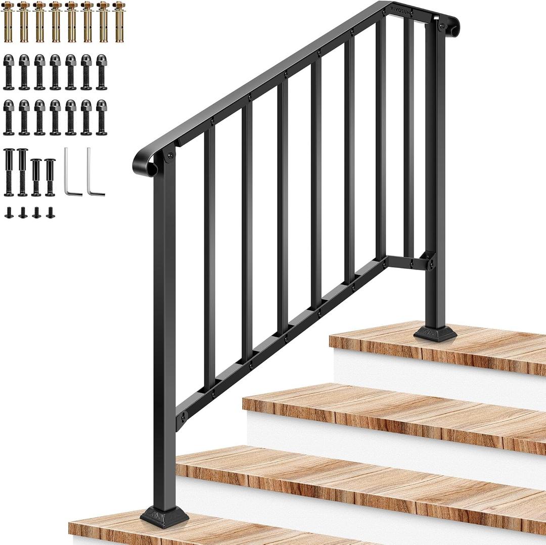 VIVOSUN Outdoor Handrail, 4 Step Stair Handrail, 54" x 36" Fits 1 to 4 Steps, Wrought Mattle Iron Stair Railing with Curved Ends and Balusters for Concrete Steps, Porch Steps, One-Step Assembly, Black