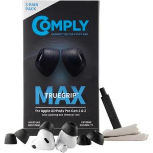 Comply TrueGrip MAX | Premium Memory Foam Replacement Earbud Tips for Apple AirPods Pro 1 & 2 | Long Lasting Comfort, Extreme Durability, Secure Fit, Superior Noise Isolation| Black (Small) (3 Pairs)