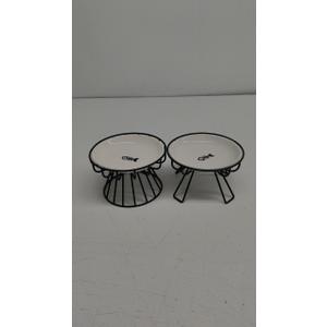 BNOSDM 2 Pcs Raised Cat Dishes Shallow Ceramic Cat Bowl with Iron Stand, Elevated Flat Whisker Fatigue Pet Wet Food Bowls for Indoor Kitten, Kitty, Small Cats (Black)