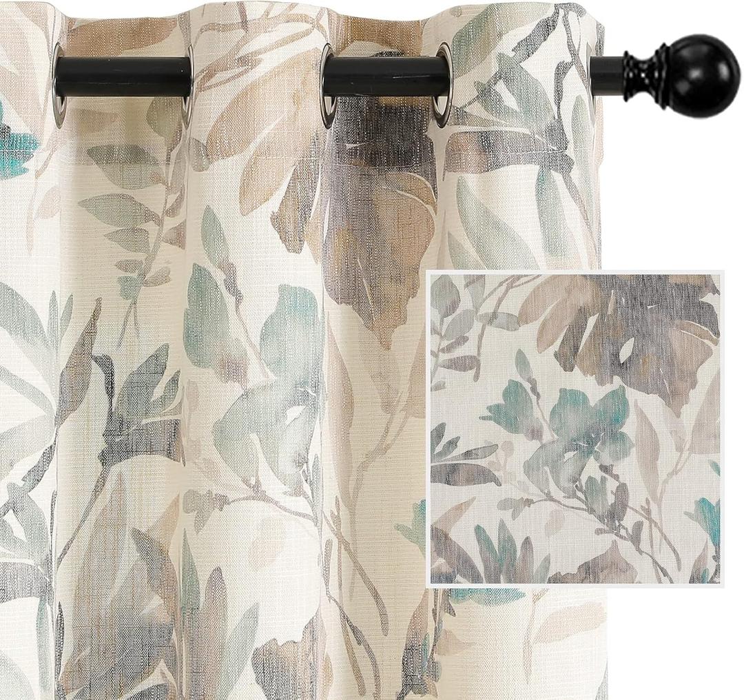 MYSKY HOME Floral Curtains Linen Style Curtains 84 Inch Length Semi Sheer Light Filtering Drapes for Living Room Bedroom Floral Printing Window Treatment Grommet 2 Panels,Brown and Natural