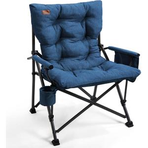 EVER ADVANCED Padded Oversized Folding Camping Chair for Adults, Heavy Duty Lawn Chair with Side Pockets, Portable Collapsible Quad Chair for Outside, Support Up to 500lbs, Blue