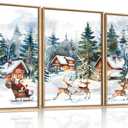 Christmas Santa Sleigh Deer Framed Canvas Wall Art Set, Reindeer Design Decor, Winter Snow Forest Tree Wall Painting, Christmas Art Print for Living Room, Bedroom, Office 16"x24"x3