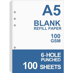 A5 Blank Paper, Refills for Filofax Planner, Organizer, Binders, 6 Hole Punched, 100 Sheets/200 Pages, 100gsm, White, 5.8 x 8.2 Inch