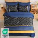 Luxudecor Blue and Yellow Comforter Set Queen Size, 7 Pieces Stripe Geometric Bed in a Bag, Marble Comforter and Sheet Set, Soft Microfiber Complete Bedding Sets for All Seasons