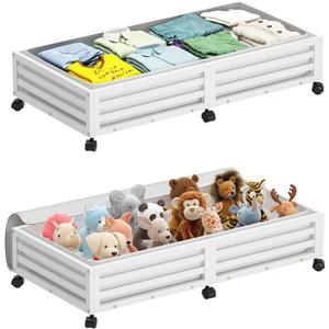 Wisuce Bamboo Under Bed Storage Containers- Underbed Organizer with Wheels with Large Dust Bag,Sturdy Wood Rolling Under the Bed Shoe Storage Organizer Drawer 2 Packs (White, Long)