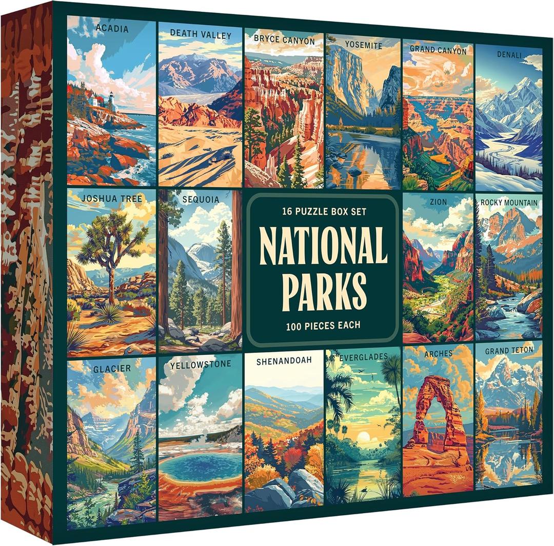 RoseArt - National Parks Jigsaw Puzzle Box Set - 16 Mini Puzzles, 100 Pieces Each - Colorful Puzzle Gift Set for Adults