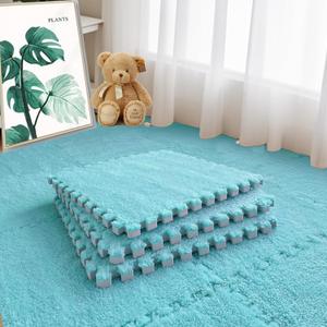 16pcs 0.6" Thickened Interlocking Tile Mats,Fluffy Shaggy Soft EVA Foam Area Rug for Living Room & Bedroom,Non-Slip Protective Floor Carpet Play Mat Kids Baby Dorm Home Decor (11.8ft, Blue) (Light Blue)