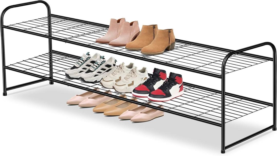 AOODA Long 2 Tier Shoe Rack for Closet Metal Wide Stackable Shoe Storage Organizer for Entryway, Bedroom, Floor, 18-Pairs Low Shoe Shelf, Black (11.4 x 42.7 x 18.7)