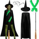 Mepase 5 Pcs Halloween Green Witch Costume Accessories Include Black Cloak Cape Witch Hat Glasses and Broom Gloves for Women Adult Halloween Movie Cosplay Props Role Playing Party Outfits Props