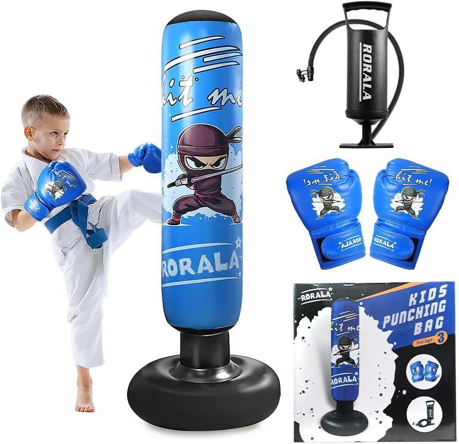 RORALA Inflatable Punching Bag for Kids with Boxing Gloves and Manual Air Pump, 66 Inch Children's Boxing Bag Set for Boys and Girls Gift Aged 3 to 12 to Practice Karate, Taekwondo