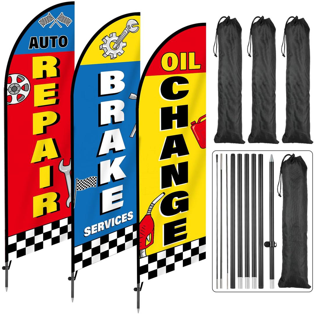 3 Pack Auto Repair Shop Feather Flag 11 FT Automotive Service Brake Swooper Flag Oil Change Advertising Banner Sign with Pole for Business Mechanics Automotive Car Repair Fix Mend Shops Store Supplies