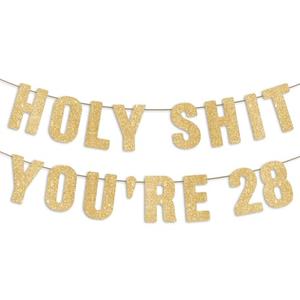2 x Pre-Strung Holy S You're 28 Gold Glitter Banner, Happy 28th Birthday Decorations for Women, 28 Year Old Party Decor for Men