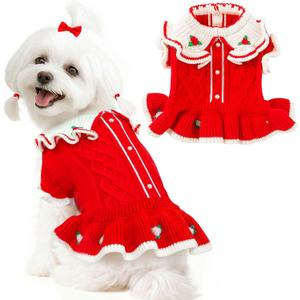 ABRRLO Cute Small Dog Sweaters Dress for Girls Red Dog Christmas Sweater Puppy Xmas Outfits Fall Winter Female Pet Clothes for Cold Weather Doggie Costumes Knitwear Chihuahua Shih tzu Teacup(Red,L)