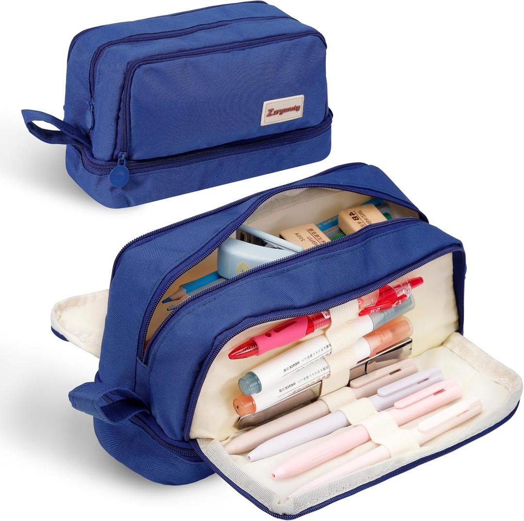 Zzrywuty Large Pencil Case with Compartments Zipper Pencil Pouch for Girls Kids Teens Adults,Organizer Pen Pencil Case with Handle for School(Blue)