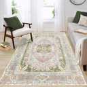 Pink Rug 4'x6.5',Washable Area Rugs for Bedroom Living Room Kitchen Entryway,Small Boho Vintage Bohemian Distressed Non Slip Carpet,Blush Green
