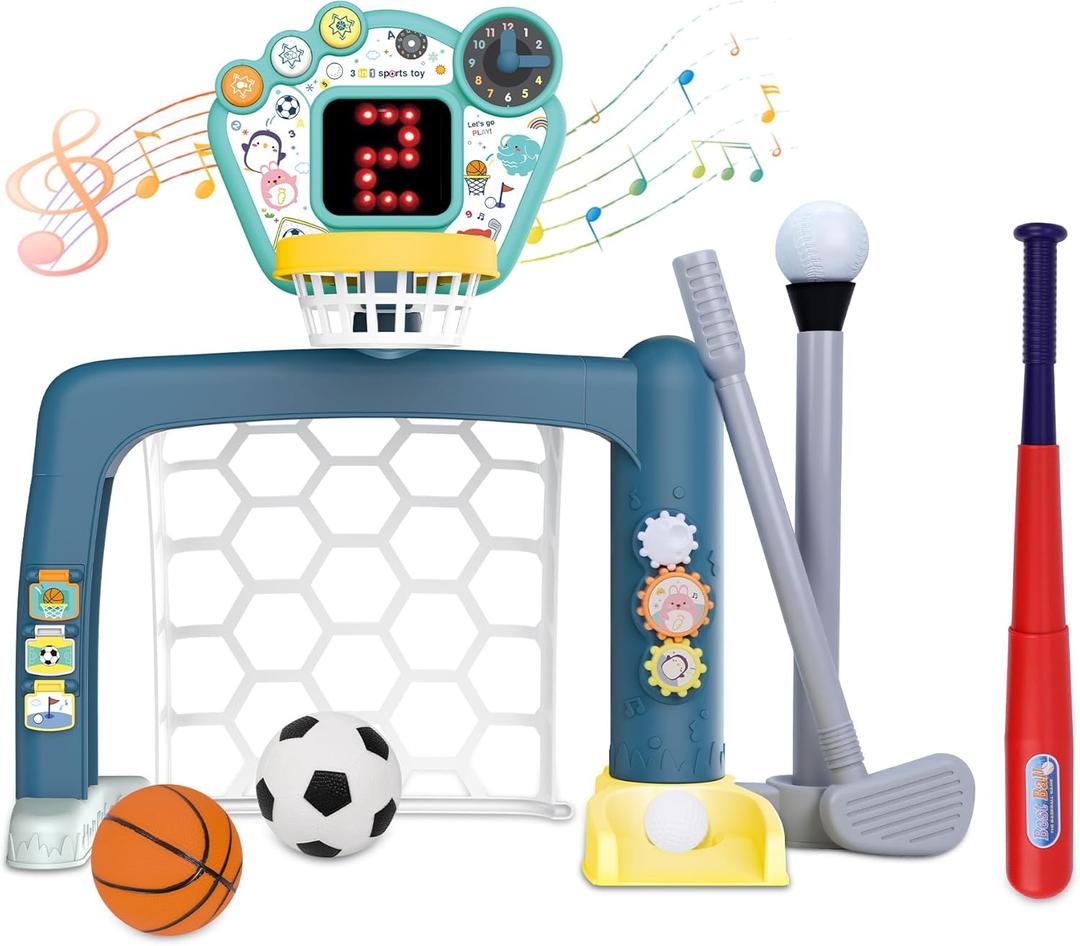 4 in 1 Adjustable Basketball Hoop Soccer Goal for Toddlers 1-3,Kids Sports Toys with Golf Baseball Toy,LED Scoreboard, Music & Educational Games, Indoor & Outdoor Baby Activity Center Age 18+M Boy Girl