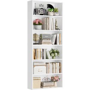FOTOSOK 6-Tier Open Bookcase and Bookshelf, Freestanding Display Storage Shelves Tall Bookcase for Bedroom, Living Room and Office, White, 9.3"D x 23.6"W x 70.9"H