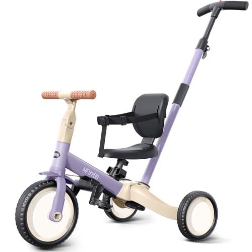 newyoo Toddler Tricycle with Push Handle for 1-3 Year Old, Toddler Bike, Birthday Toy for Boys and Girls, 5 in 1 Kids Trike, Balance Bike with Backrest and Safety Belt, Purple, TR007